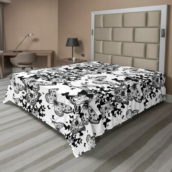 Ambesonne Black and White Flat Sheet, Butterfly Motif, California King, Black White