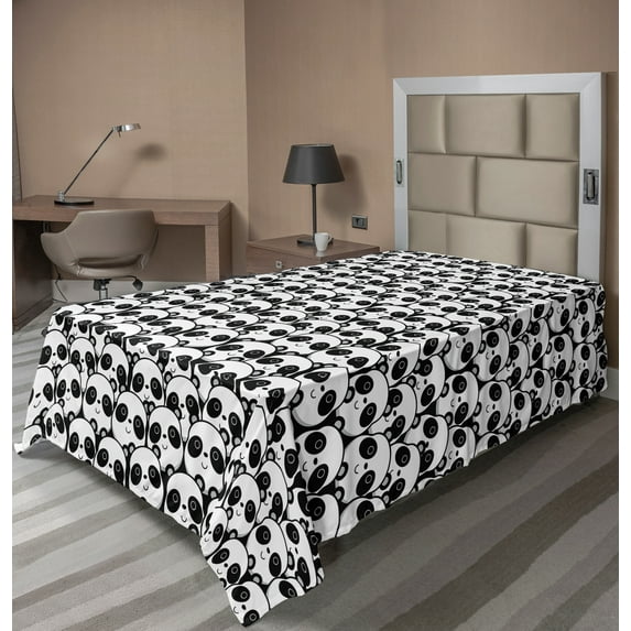 Ambesonne Black and White Flat Sheet, Chinese Bears, TwinXL Size, Black White
