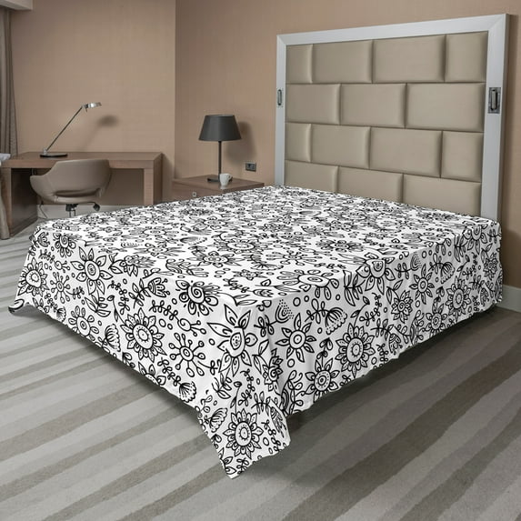 Ambesonne Black and White Flat Sheet, Floral Sketch, California King, Black White