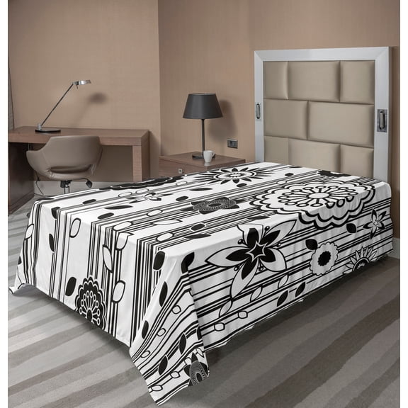 Ambesonne Black and White Flat Sheet, Funky Blossoms, TwinXL Size, Black and White