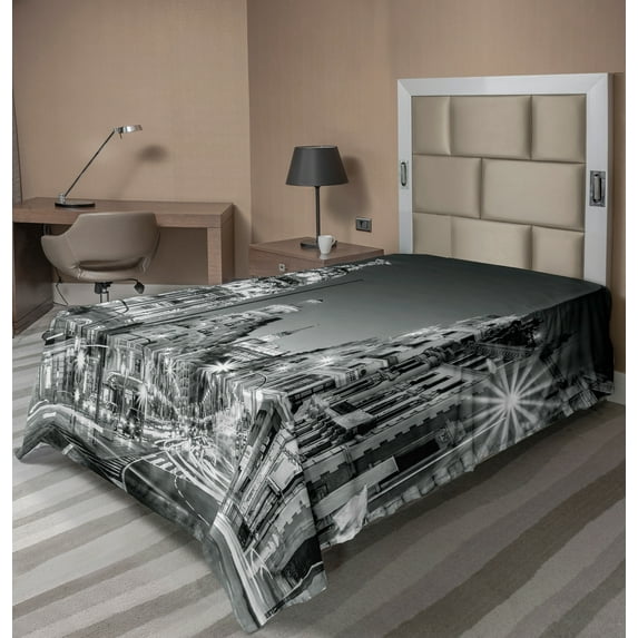 Ambesonne Black and White Flat Sheet, Madrid at Night, TwinXL Size, Black White Grey