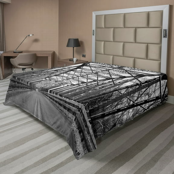 Ambesonne Black and White Flat Sheet, Modern Bridge, Queen Size, Black White Grey