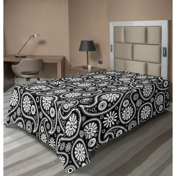 Ambesonne Black and White Flat Sheet, Paisley Art Exotic, TwinXL Size, White and Black