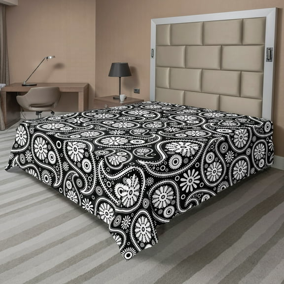 Ambesonne Black and White Flat Sheet, Paisley Art Exotic, King Size, White and Black