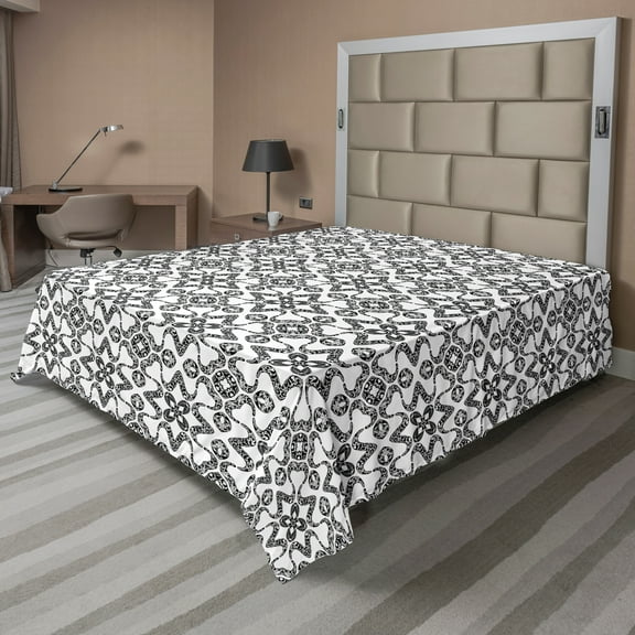 Ambesonne Black and White Flat Sheet, Portuguese Tile, Full Size, Black White