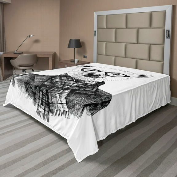 Ambesonne Black and White Flat Sheet, Sketch Bear, King Size, Black Grey and White
