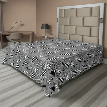 Ambesonne Black and White Flat Sheet, Stripes Sqaures, Full Size, Black White