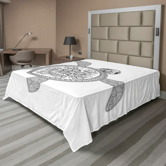 Ambesonne Black and White Flat Sheet, Turtle, California King, White Black