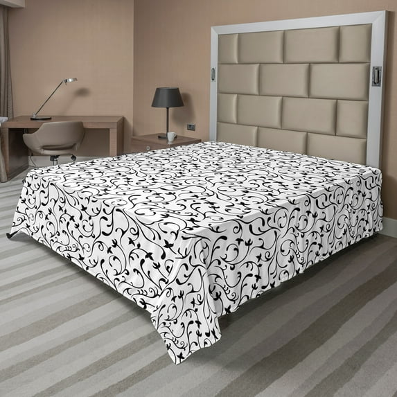 Ambesonne Black and White Flat Sheet, Vintage Spring, King Size, Coconut Black