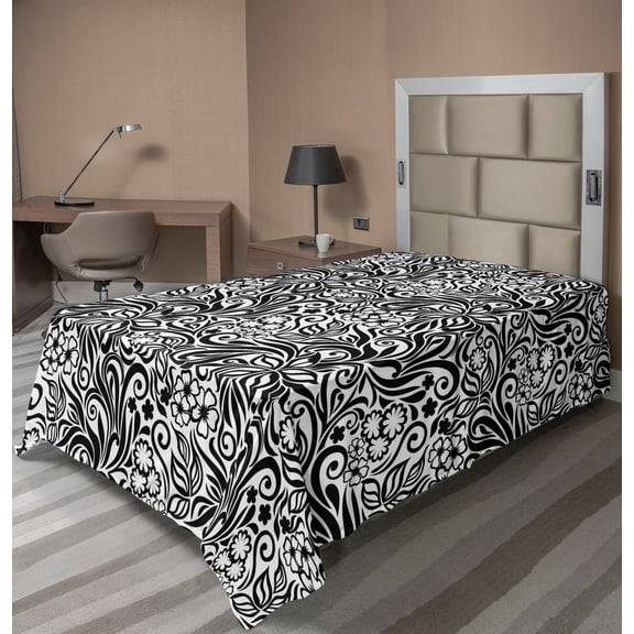 Ambesonne Black and White Flat Sheet, Western Floral, Twin Size, Black White