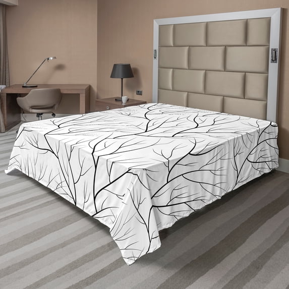 Ambesonne Black and White Flat Sheet, Winter Tree, King Size, White Black