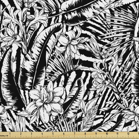 Ambesonne Black and White Floral Fabric by the Yard Upholstery, Jungle, 5 Yards, Black and White
