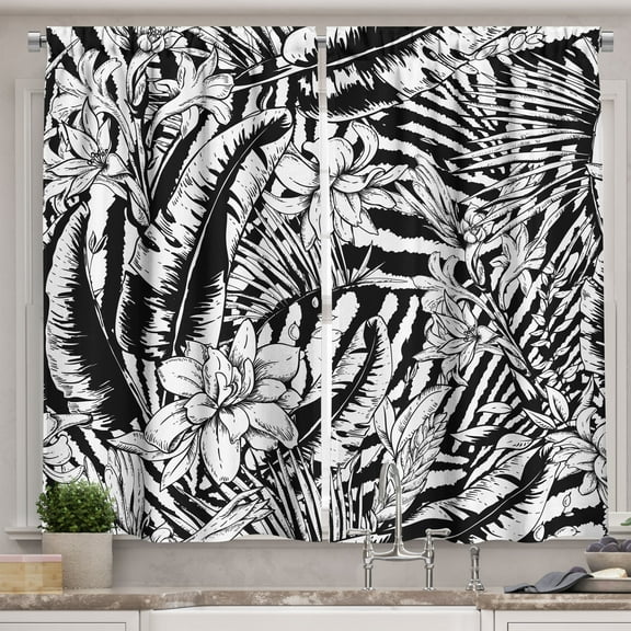 Ambesonne Black and White Floral Kitchen Curtains, Jungle, 55"x36", Black and White