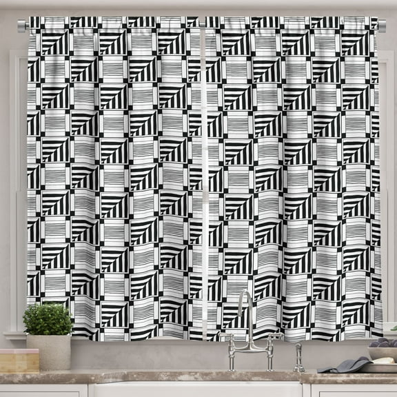 Ambesonne Black and White Kitchen Curtains, Abstract Sqaure, 55"x30", Black White
