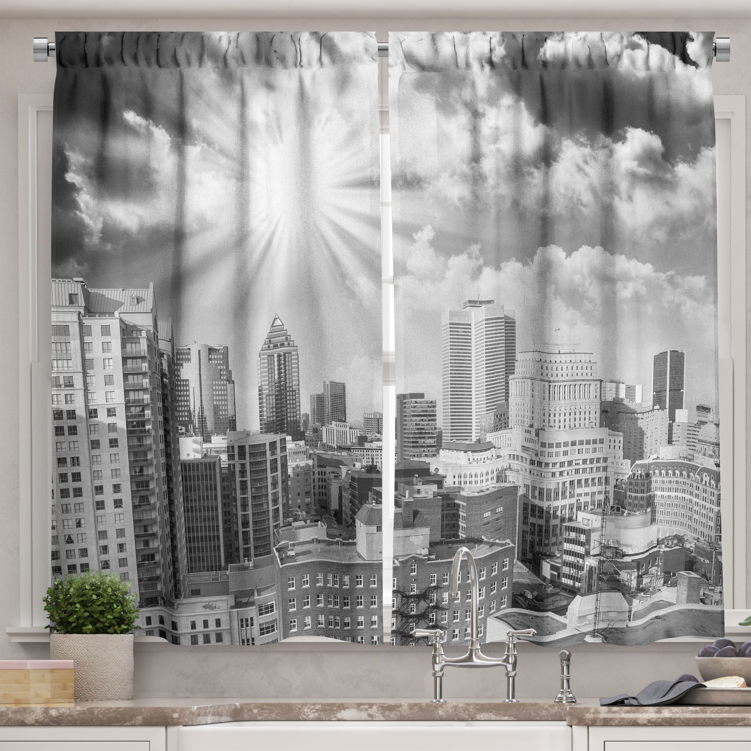 Ambesonne Black and White Kitchen Curtains, Aerial Montreal, 55"x39