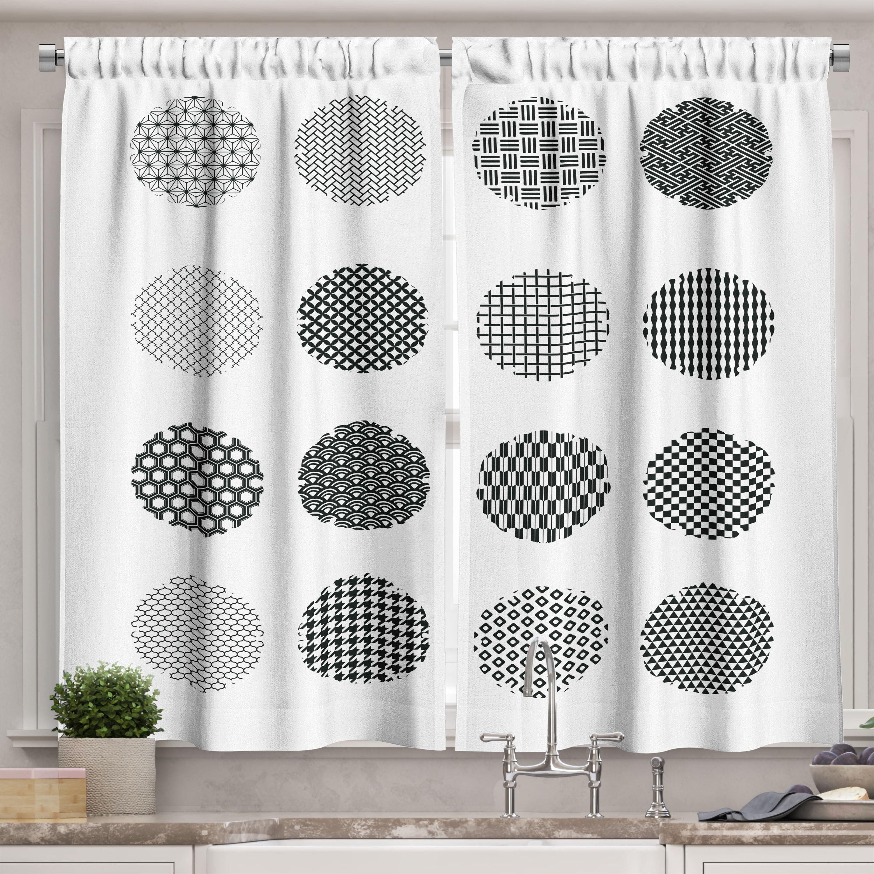 Ambesonne Black and White Kitchen Curtains, Asian Circles Art, 55"x24