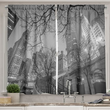 Ambesonne Black and White Kitchen Curtains, Chicago City, 55"x39", Grey Black White