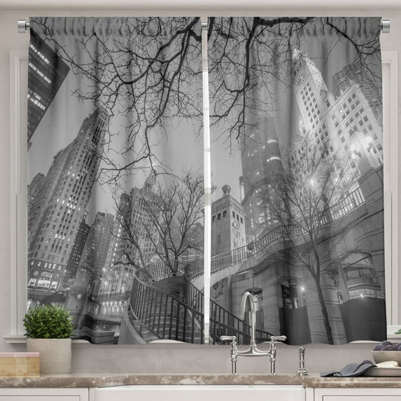 Ambesonne Black and White Kitchen Curtains, Chicago City, 55"x45", Grey Black White