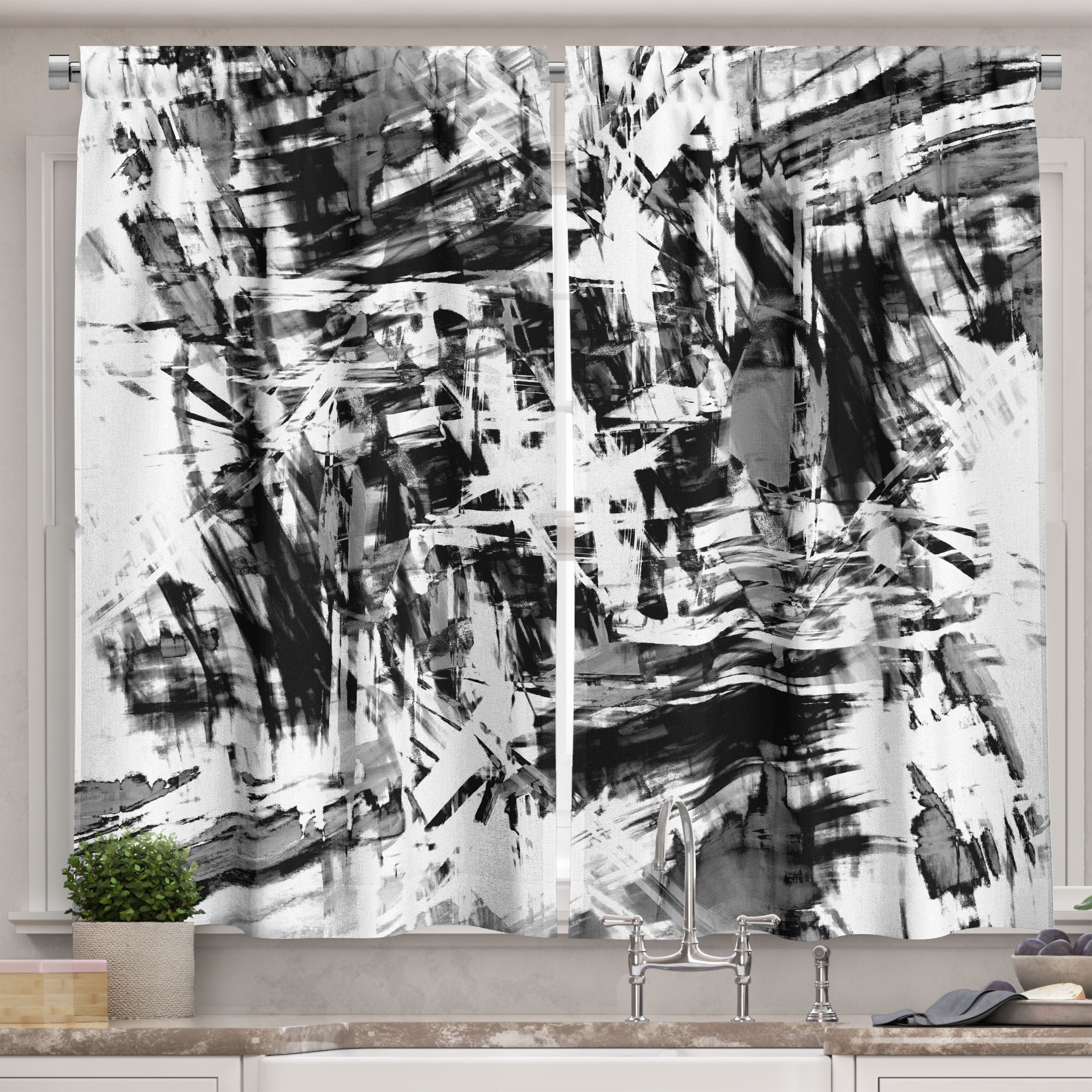 Ambesonne Black and White Kitchen Curtains, Grunge Art, 55"x45", White