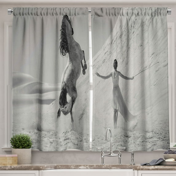 Ambesonne Black and White Kitchen Curtains, Horse and Lady, 55"x39", Black White Grey