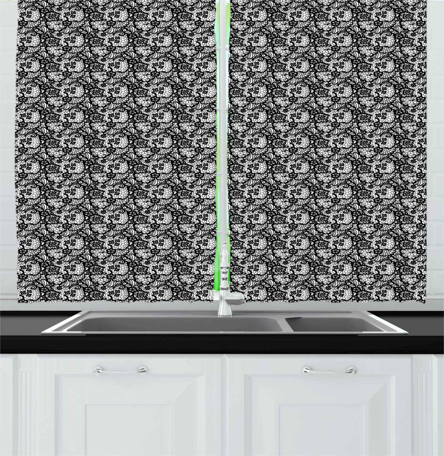 Ambesonne Black and White Kitchen Curtains, Lacy Inspirations, 55"x39