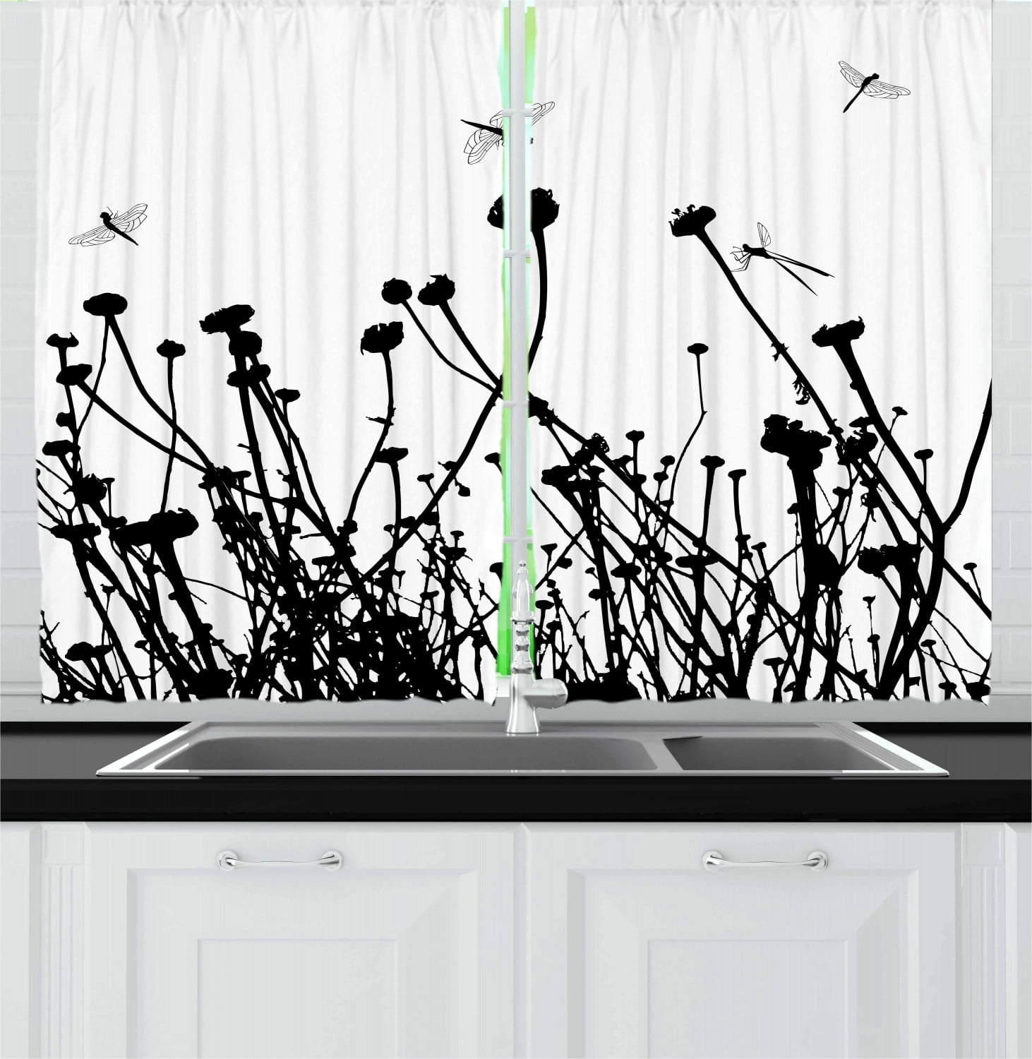 Ambesonne Black and White Kitchen Curtains, Meadow Flowers, 55"x39 ...