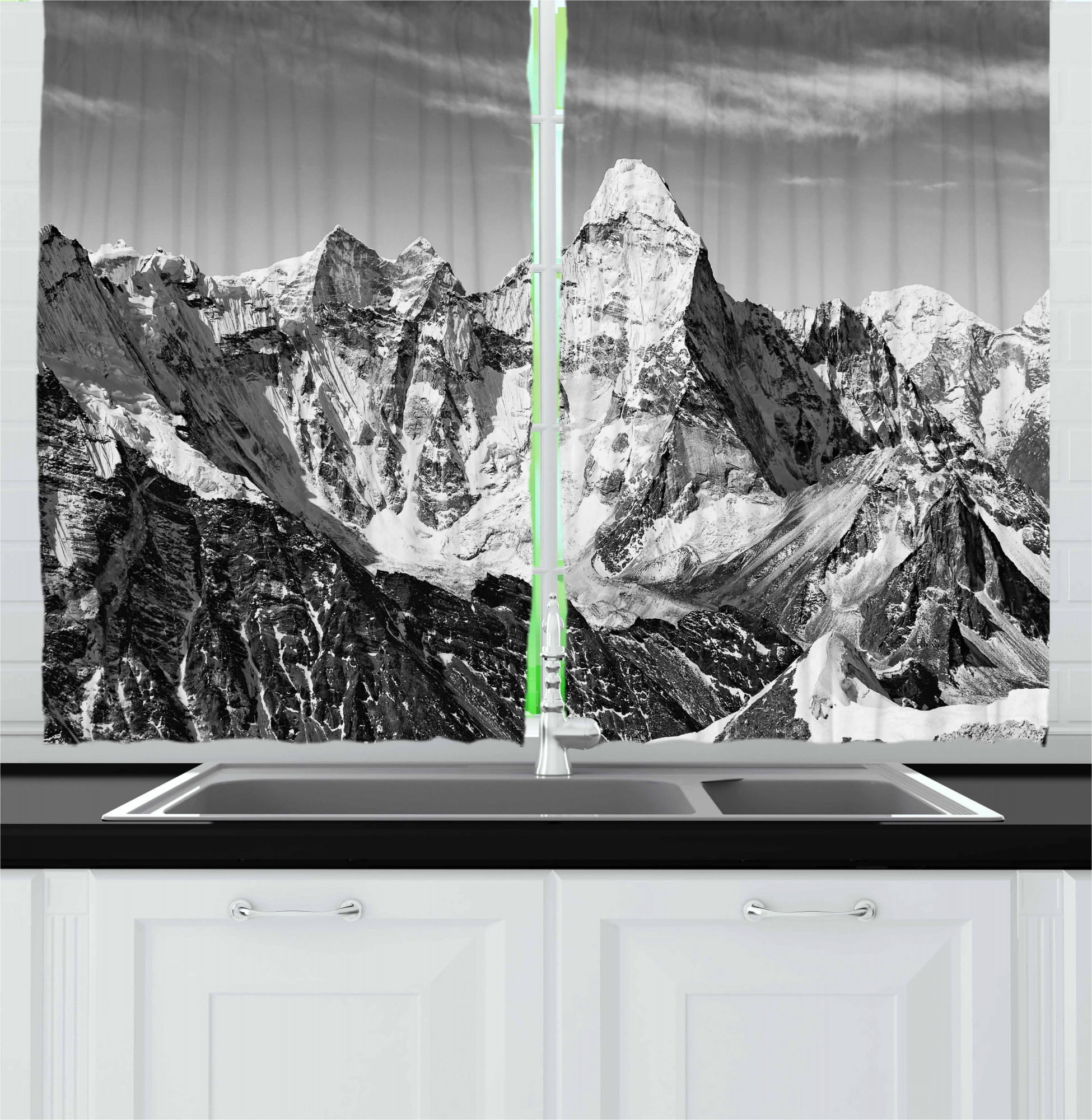 Ambesonne Black and White Kitchen Curtains, Mountain Peaks, 55"x45