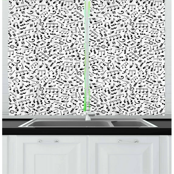 Ambesonne Black and White Kitchen Curtains, Notes and Chord, 55"x39", Black White