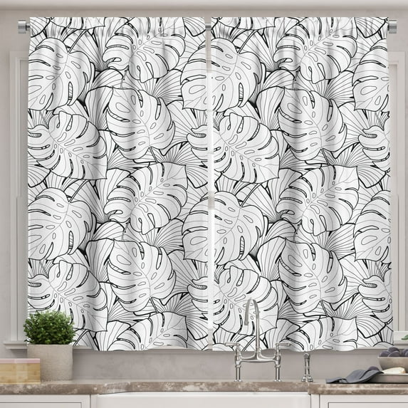 Ambesonne Black and White Kitchen Curtains, Palm Leafage, 55"x39", Black White