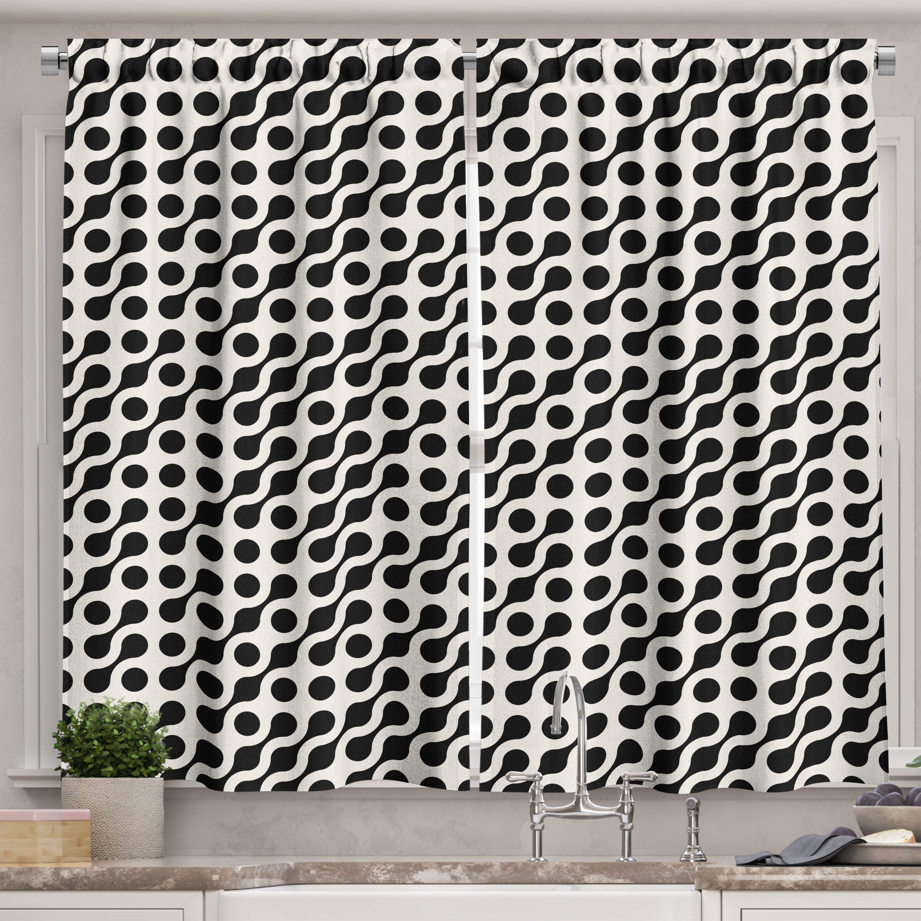 Ambesonne Black and White Kitchen Curtains, Rounded Circles, 55"x39