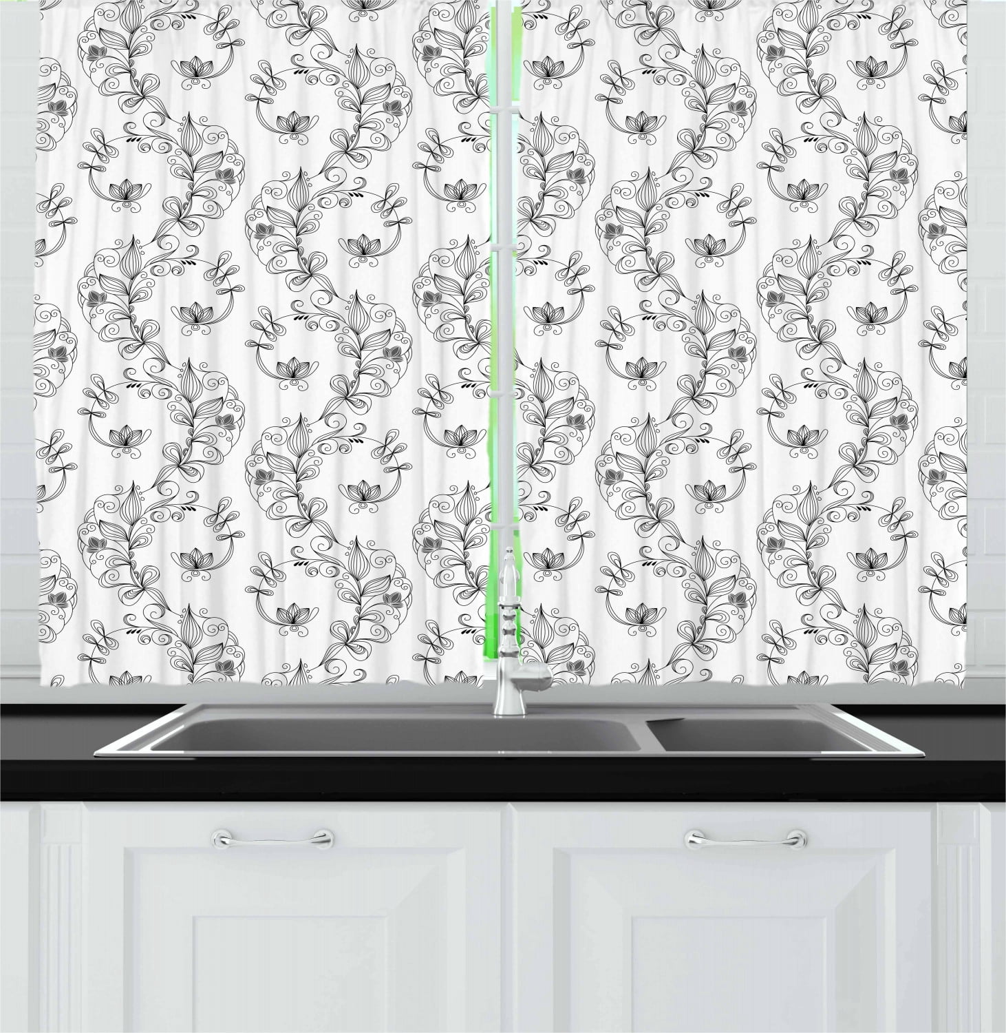 Ambesonne Black and White Kitchen Curtains, Scroll Lilies, 55"x39 ...