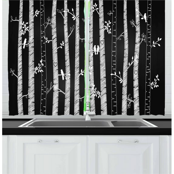 Ambesonne Black and White Kitchen Curtains, Sketch Jungle, 55"x39", Black White
