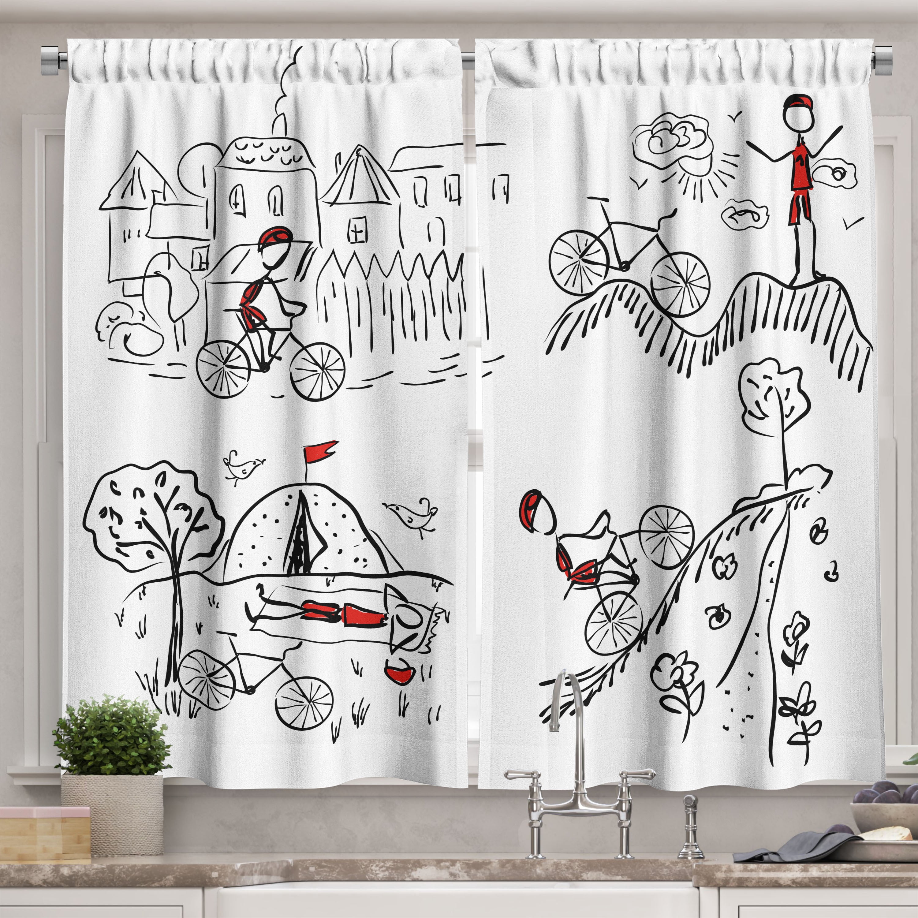 Ambesonne Black and White Kitchen Curtains, Sketchy Cyclist, 55"x39 ...
