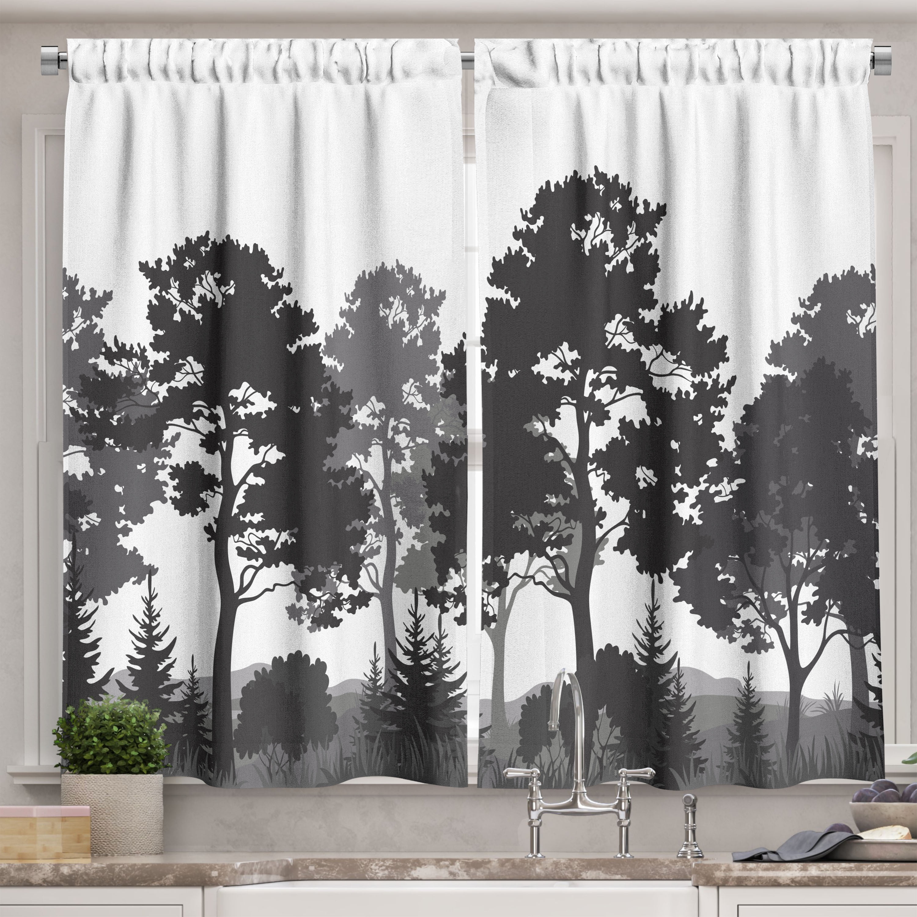 Ambesonne Black and White Kitchen Curtains, Summer Forest, 55"x45
