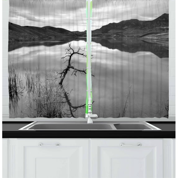Ambesonne Black and White Kitchen Curtains, Tranquil Lake, 55"x45", Black White Grey