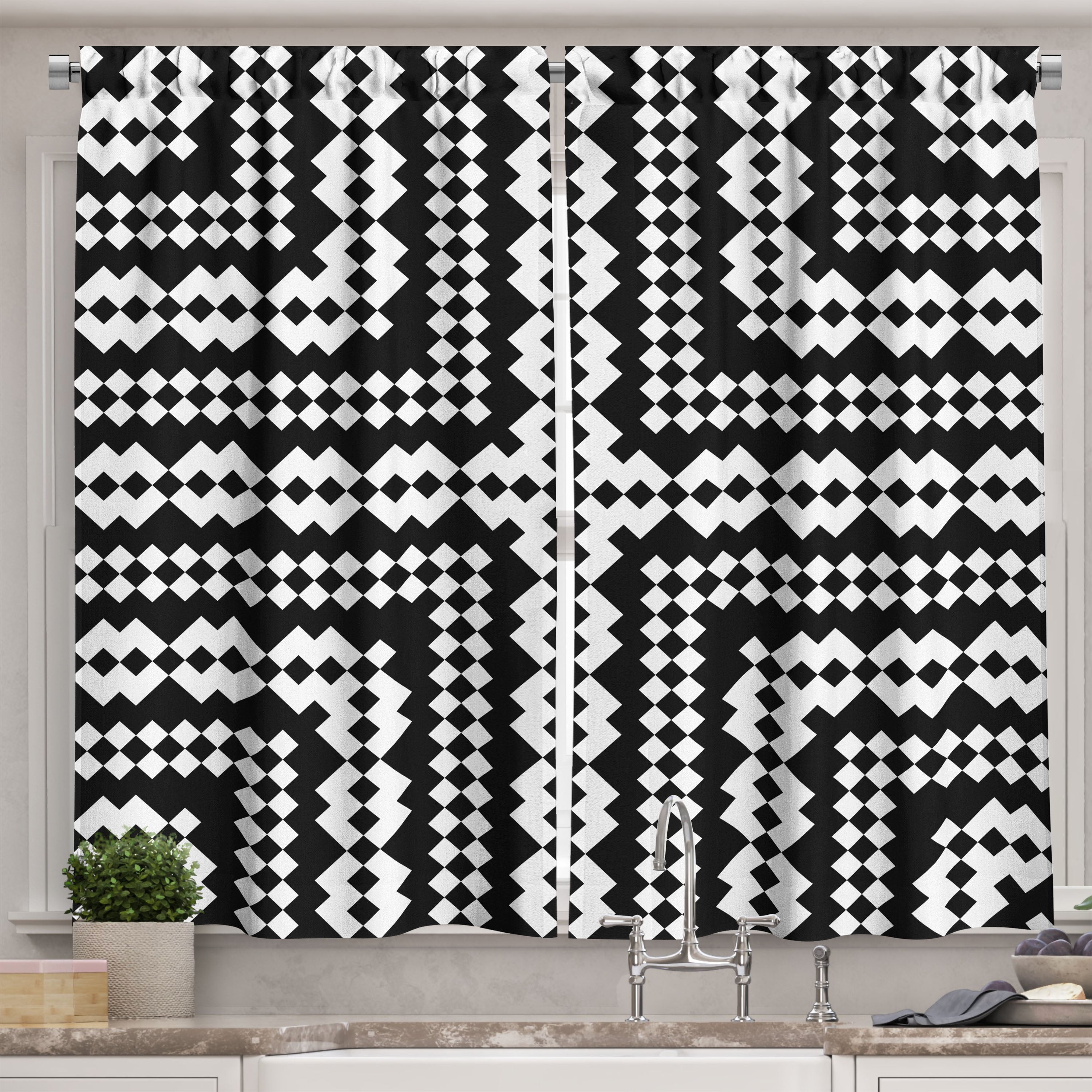 Ambesonne Black and White Kitchen Curtains, Tribal Geometric, 55"x39