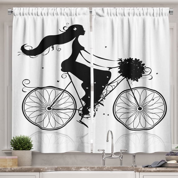Ambesonne Black and White Kitchen Curtains, Woman Flowers, 55"x39", Black and White