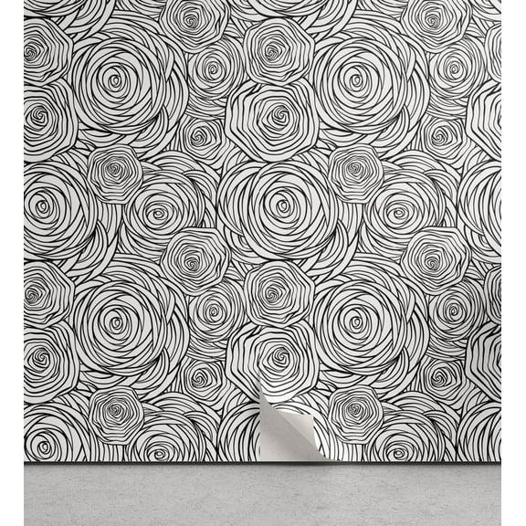 Ambesonne Black and White Peel & Stick Wallpaper for Home, Spiral Roses, 13"x100", Black White