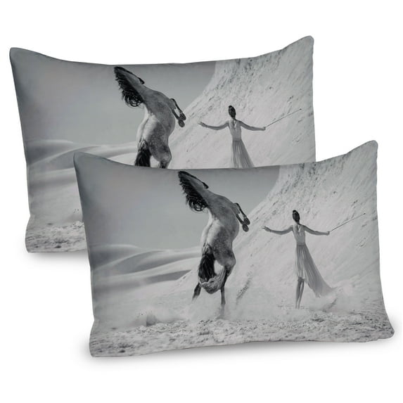 Ambesonne Black and White Pillow Sham 2 Pack, Horse and Lady, 36"x20", Black White Grey