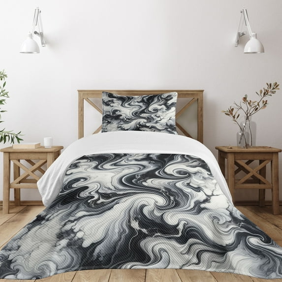 Ambesonne Black and White Quilted Bedspread Set 2 Pcs, Abstract Art Marble, Twin Size, Pale Grey and Dark Grey