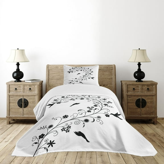 Ambesonne Black and White Quilted Bedspread Set 2 Pcs, Curves Swirls Bird, Twin Size, Black White