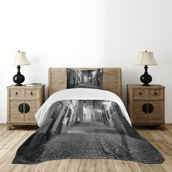Ambesonne Black and White Quilted Bedspread Set 2 Pcs, Dark Alleyway, Twin Size, Black and White