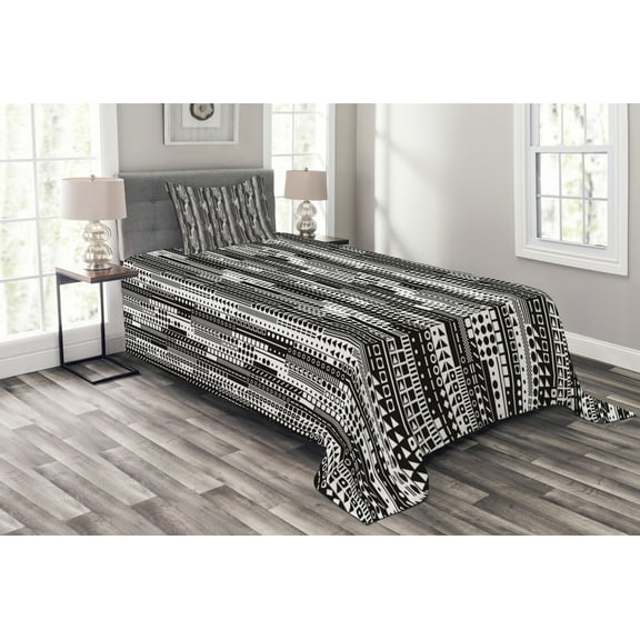 Ambesonne Black and White Quilted Bedspread Set 2 Pcs, Geometrical, Twin Size, Black White