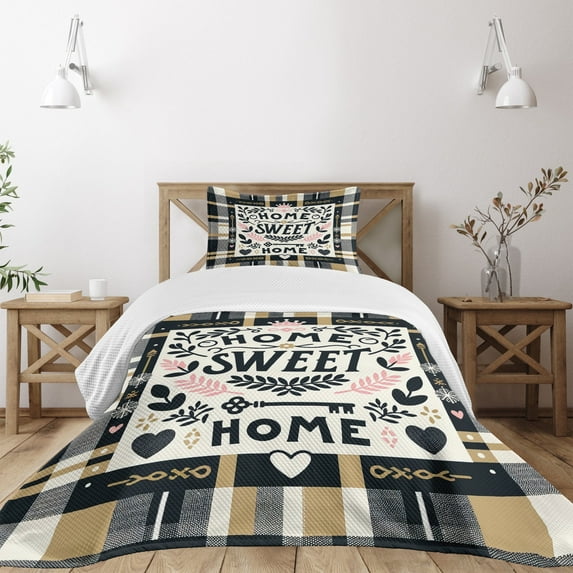 Ambesonne Black and White Quilted Bedspread Set 2 Pcs, Home Phrase Plaid, Twin Size, Pink Camel Charcoal Grey