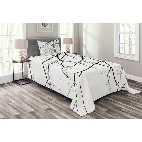 Ambesonne Black and White Quilted Bedspread Set 2 Pcs, Leafless Tree, Twin Size, Black and White