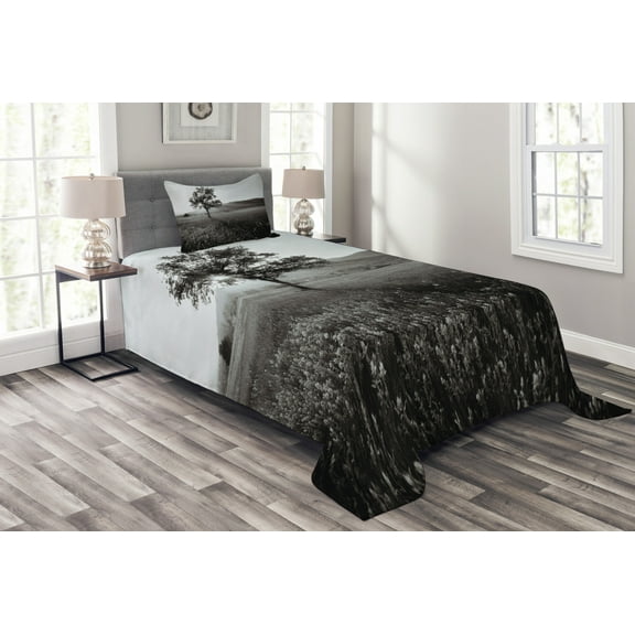 Ambesonne Black and White Quilted Bedspread Set 2 Pcs, Lonely Tree, Twin Size, Pale Grey