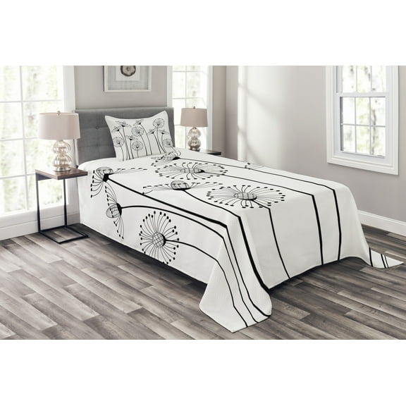 Ambesonne Black and White Quilted Bedspread Set 2 Pcs, Meadows, Twin Size, Black White