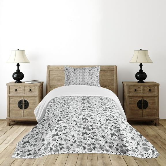 Ambesonne Black and White Quilted Bedspread Set 2 Pcs, Petal Spring Dots, Twin Size, Black White
