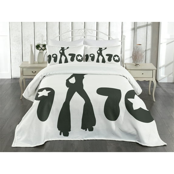 Ambesonne Black and White Quilted Bedspread Set 3 Pcs, 70s Woman Retro, Queen Size, Black and White