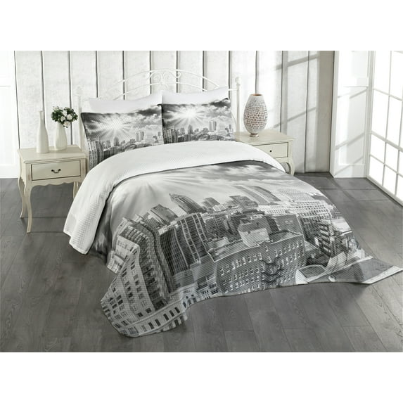 Ambesonne Black and White Quilted Bedspread Set 3 Pcs, Aerial Montreal, Queen Size, Black White Grey